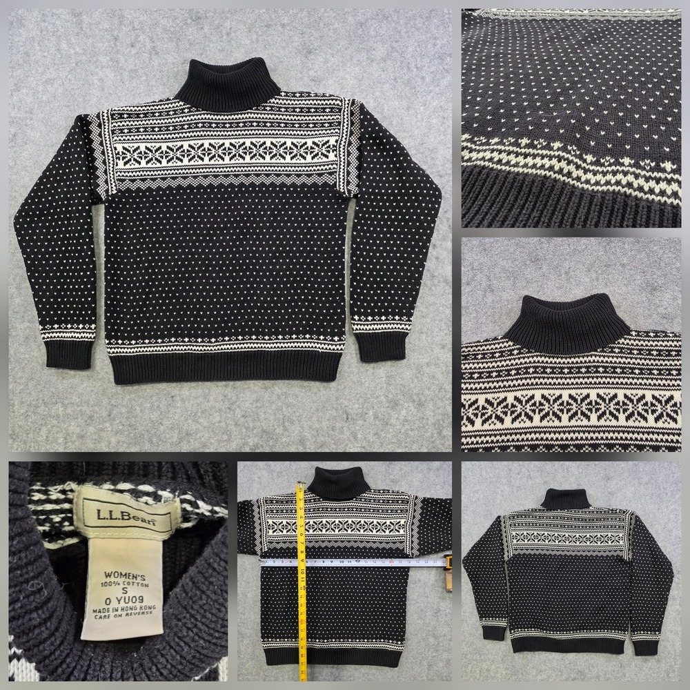 Vintage LL Bean Sweater Womens Small Black Fair Isle Turtleneck Cotton Knit
